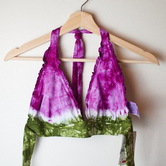 Green and Pink Bikini Top with Tie Back and Neck Lucky Brand Size L - Picture 2 of 3